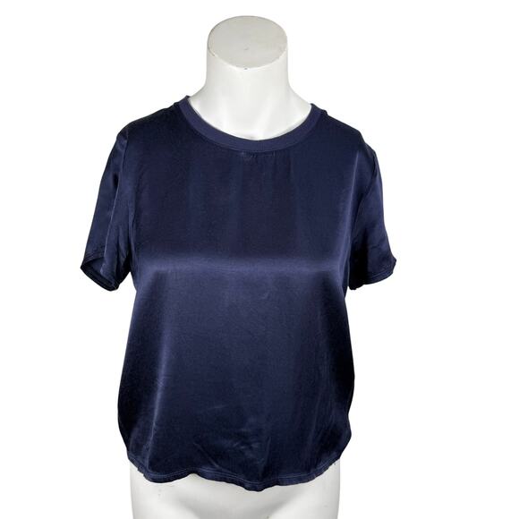 Nation Marie Satin Boxy Crop Top Women's Small in Midnight Blue Short Sleeve - Picture 1 of 8